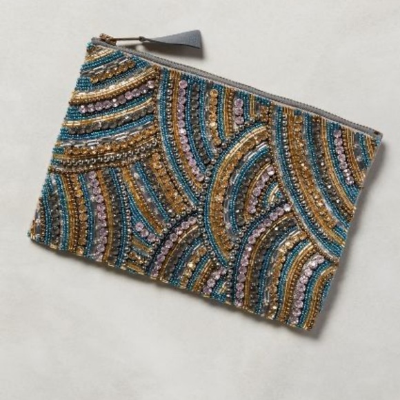 Anthropologie Handbags - Anthropologie sea fan Beaded Clutch in Blue, Gold, and Purple